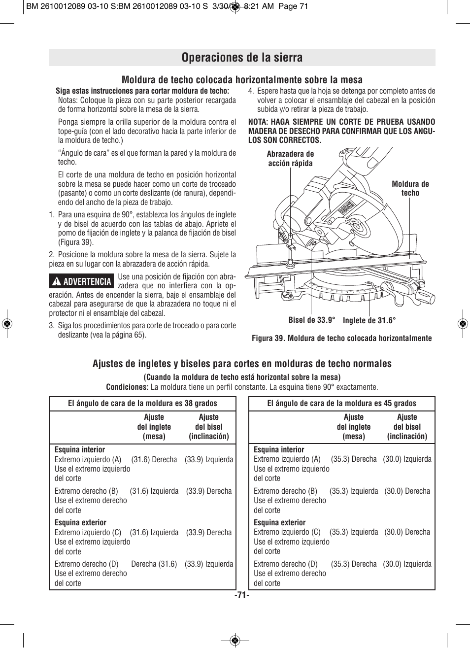 Operaciones de la sierra | Bosch 4310 User Manual | Page 71 / 120