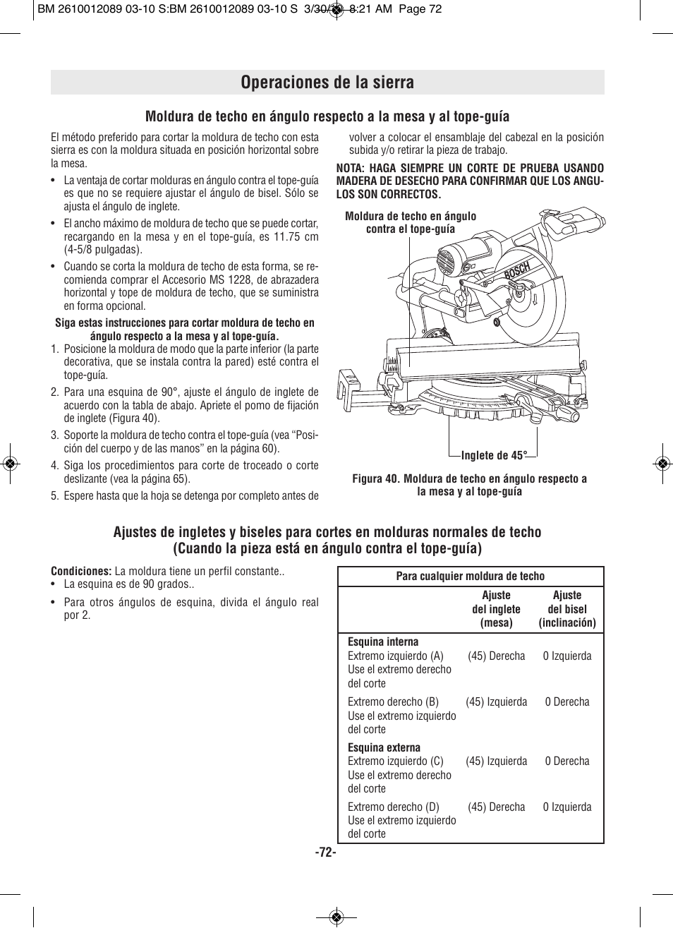 Operaciones de la sierra | Bosch 4310 User Manual | Page 72 / 120
