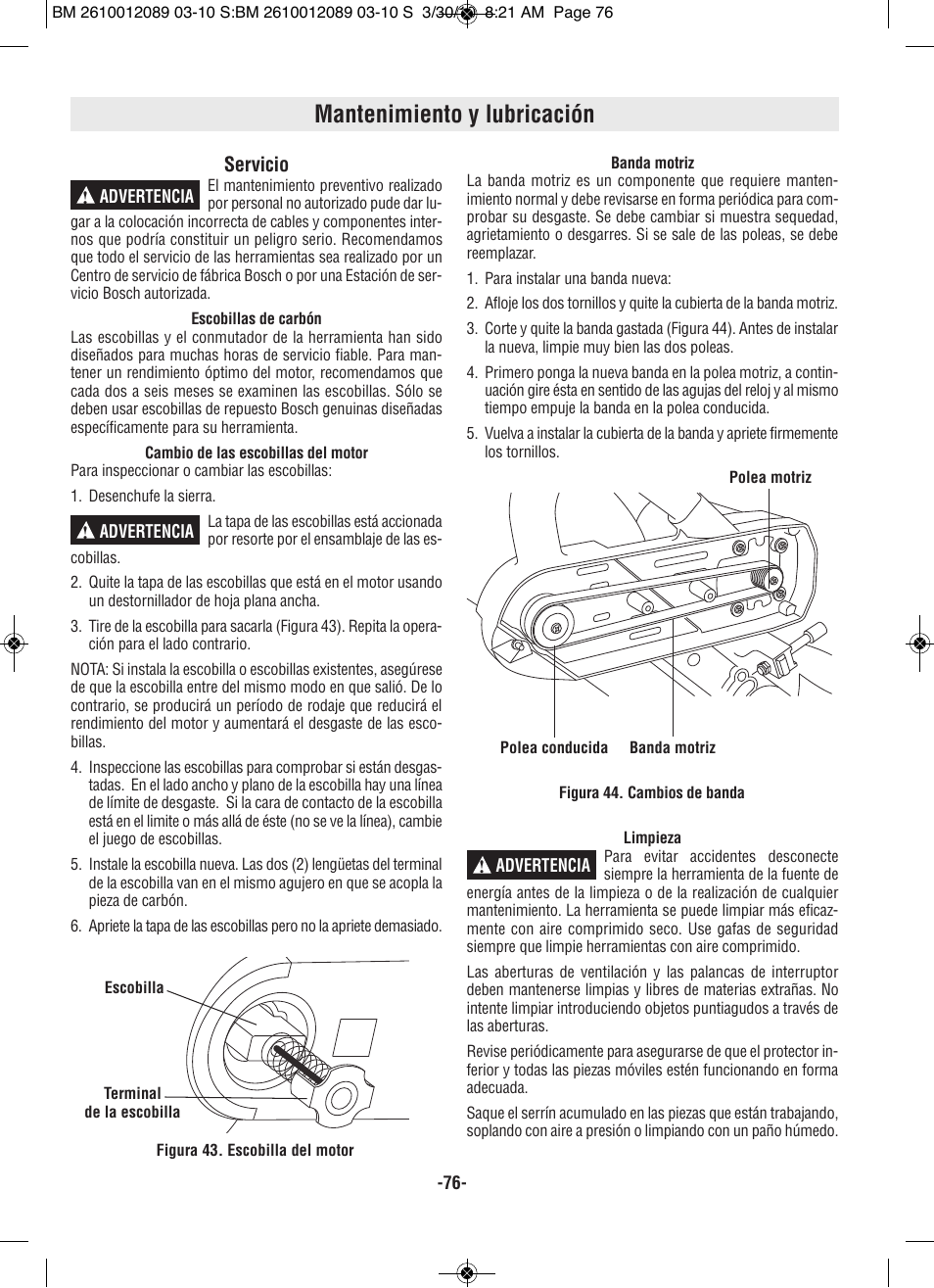 Mantenimiento y lubricación, Servicio | Bosch 4310 User Manual | Page 76 / 120