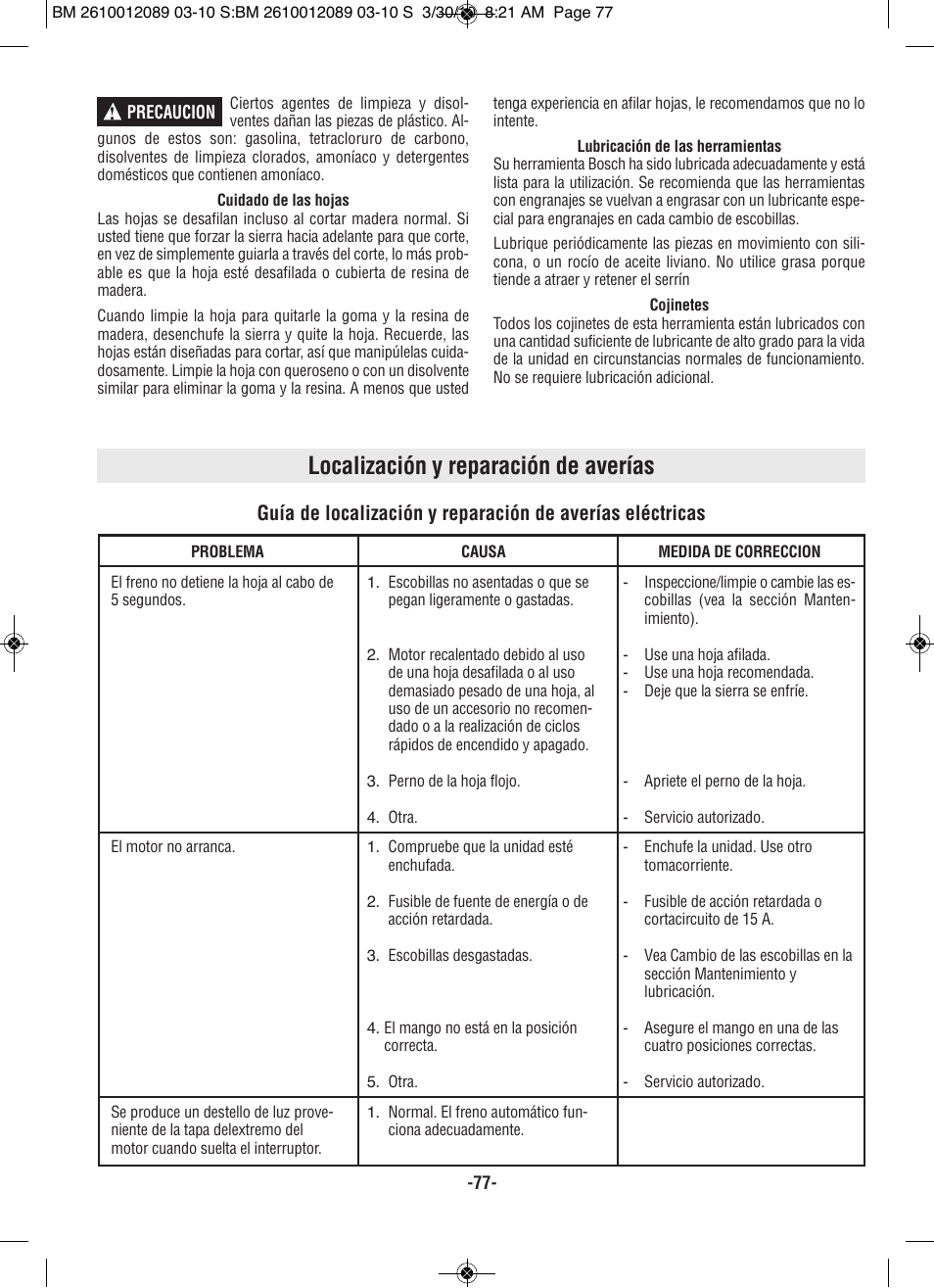 Localización y reparación de averías | Bosch 4310 User Manual | Page 77 / 120