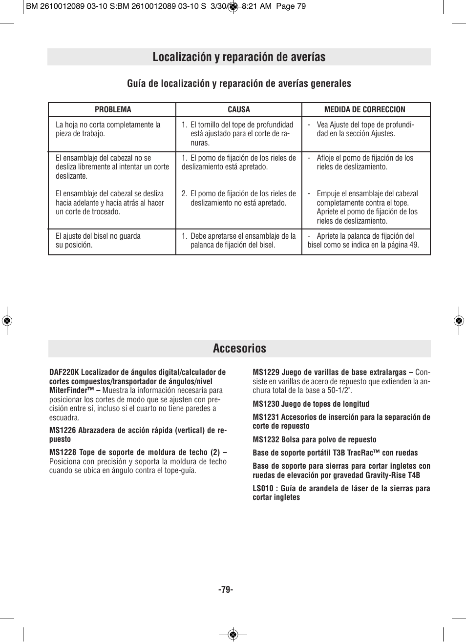 Localización y reparación de averías, Accesorios | Bosch 4310 User Manual | Page 79 / 120