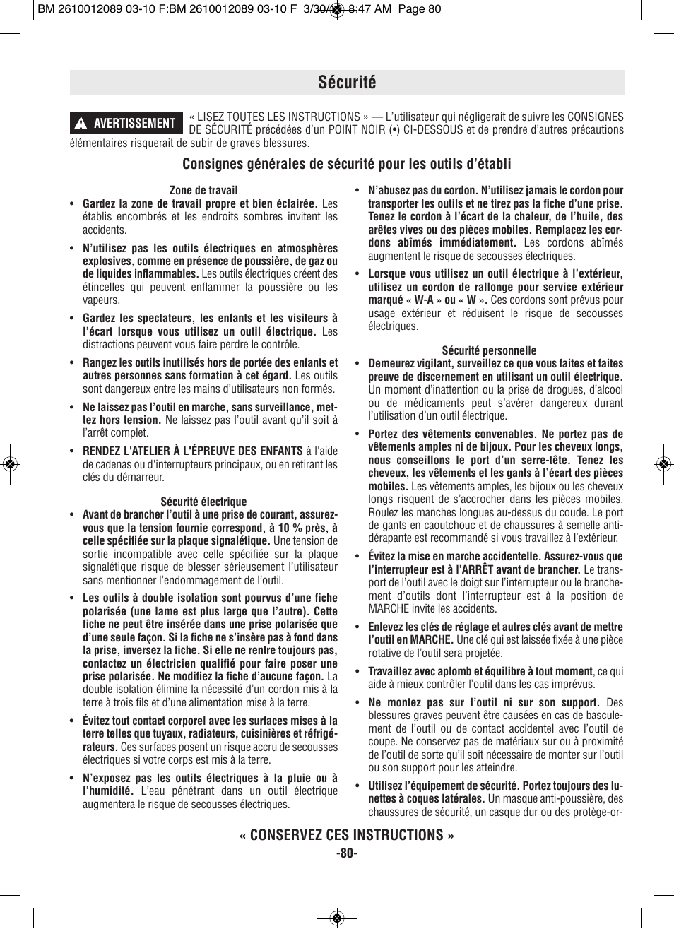 Sécurité, Conservez ces instructions | Bosch 4310 User Manual | Page 80 / 120