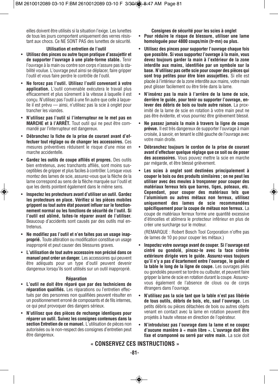 Conservez ces instructions | Bosch 4310 User Manual | Page 81 / 120