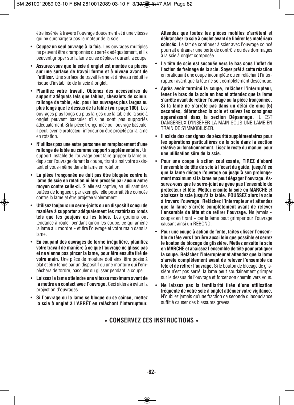 Conservez ces instructions | Bosch 4310 User Manual | Page 82 / 120