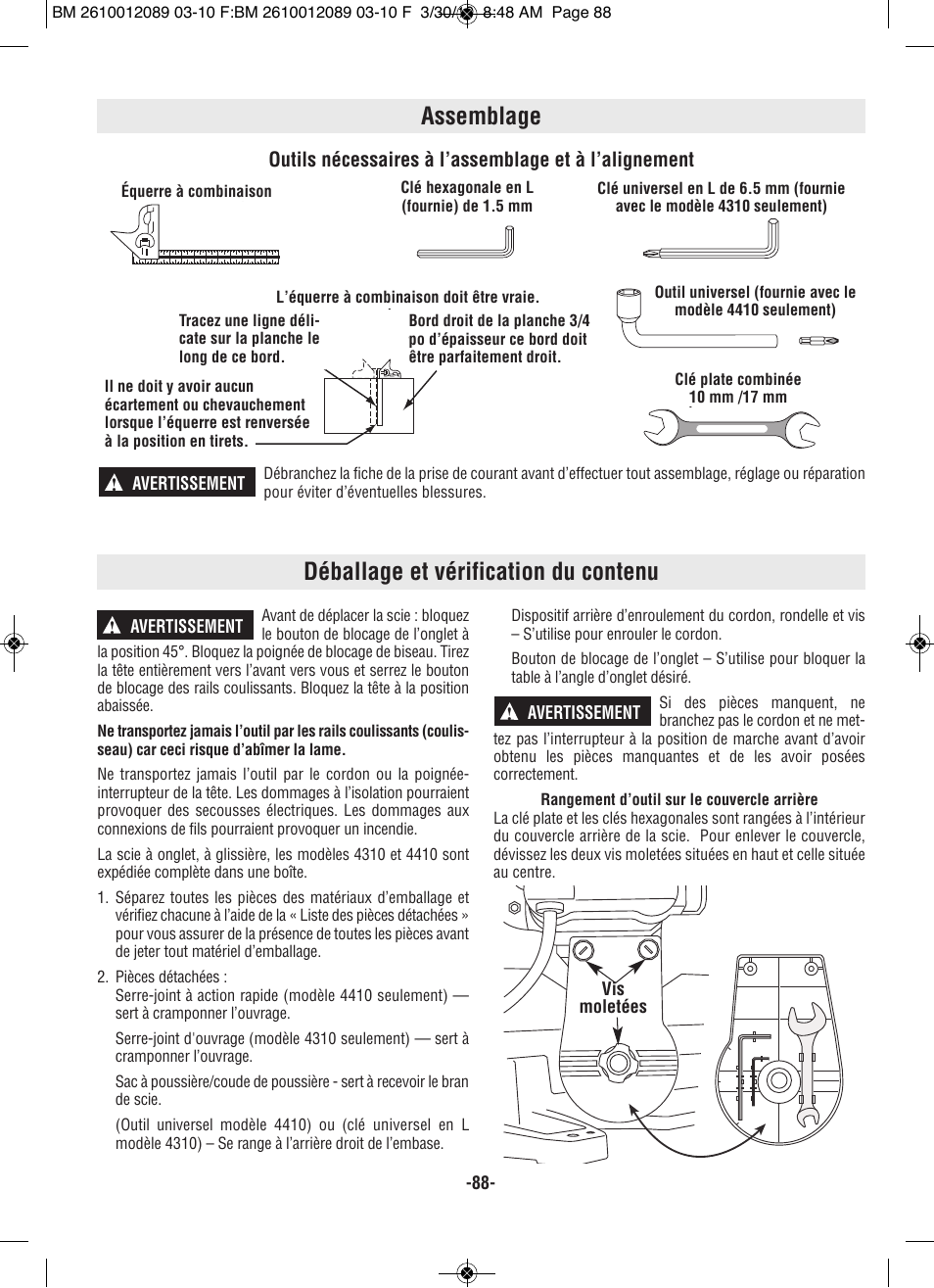 Assemblage, Déballage et vérification du contenu | Bosch 4310 User Manual | Page 88 / 120