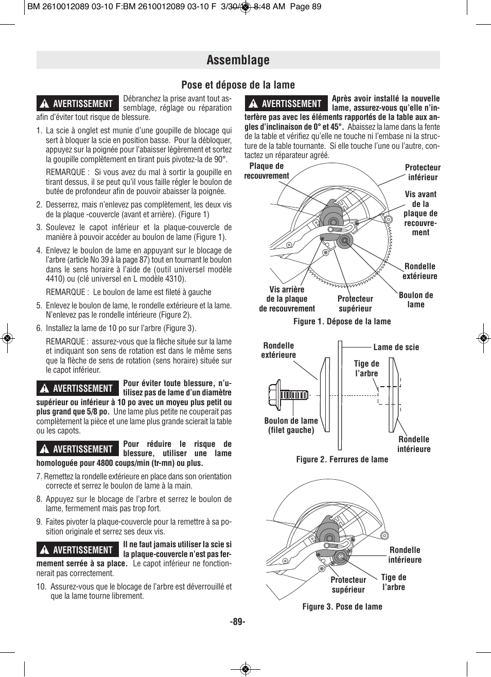 Assemblage, Pose et dépose de la lame | Bosch 4310 User Manual | Page 89 / 120
