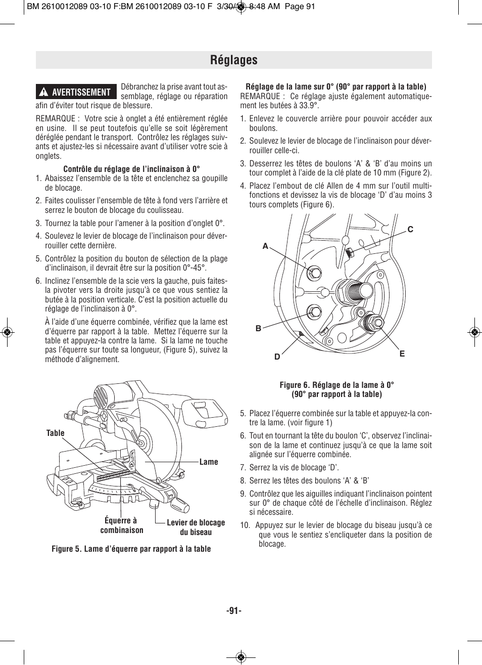 Réglages | Bosch 4310 User Manual | Page 91 / 120