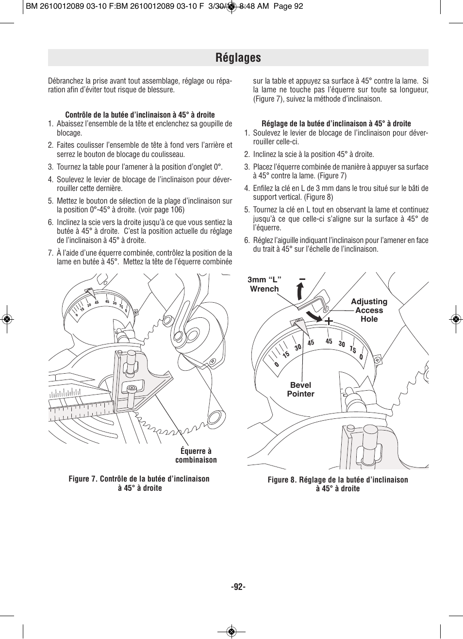 Réglages | Bosch 4310 User Manual | Page 92 / 120