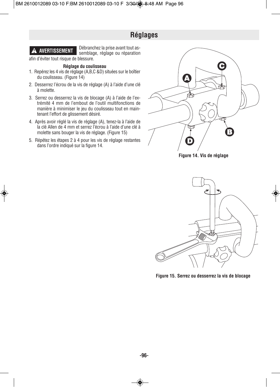 Réglages | Bosch 4310 User Manual | Page 96 / 120
