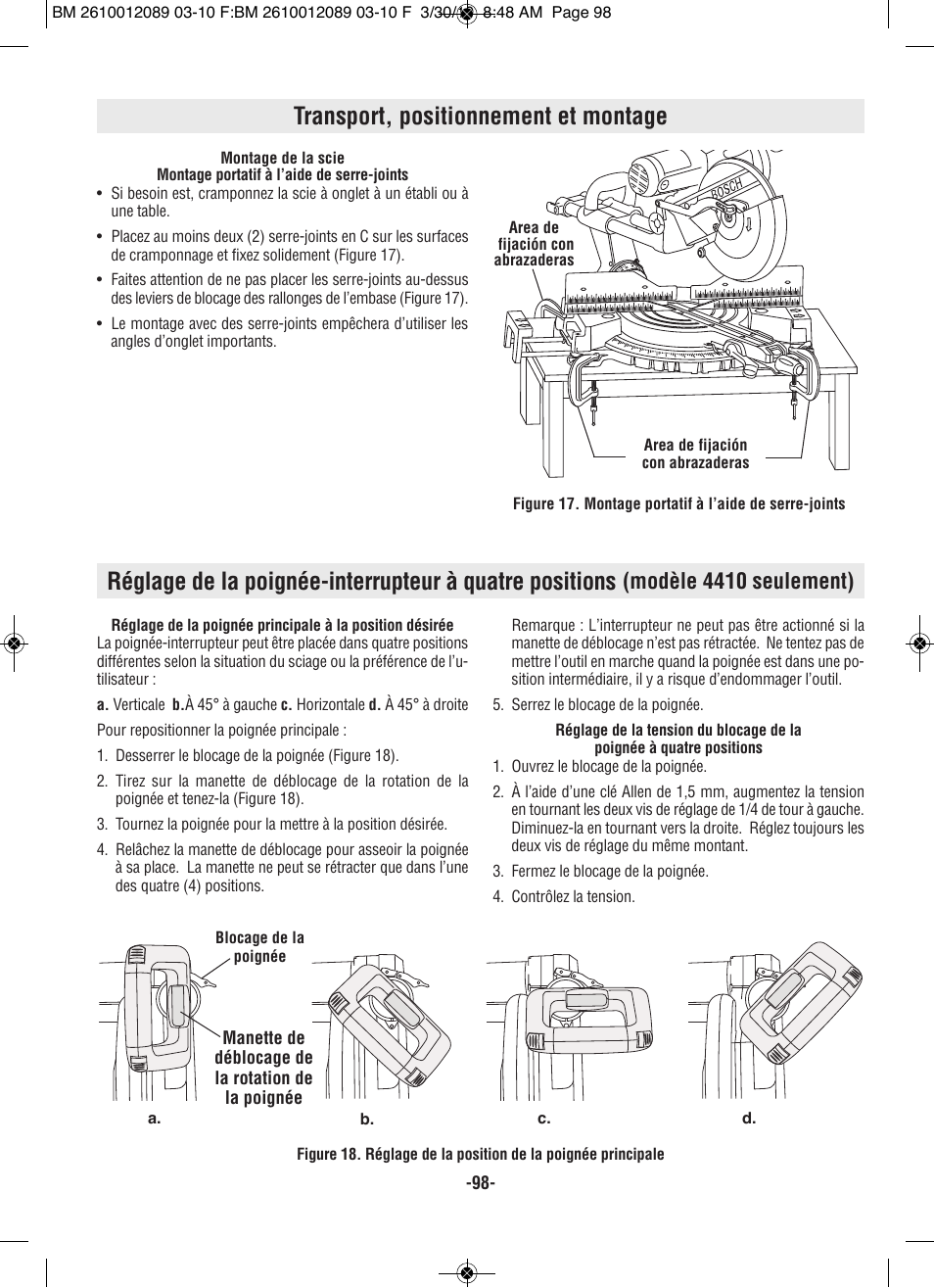 Transport, positionnement et montage, Modèle 4410 seulement) | Bosch 4310 User Manual | Page 98 / 120