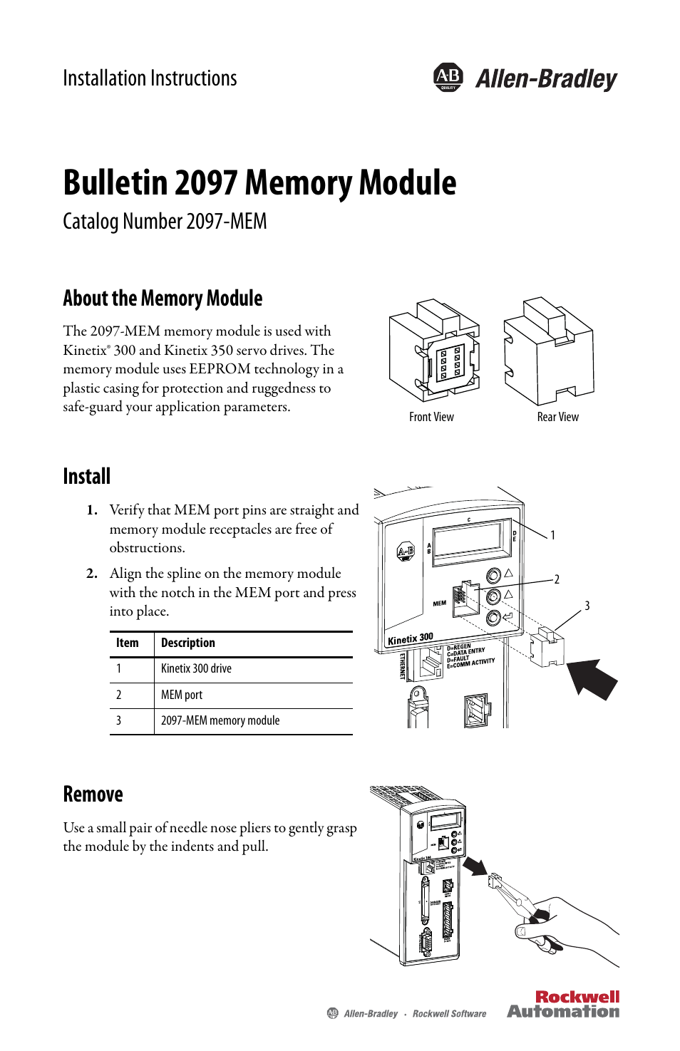 Rockwell Automation 2097-MEM Memory Module Installation Instructions User Manual | 2 pages