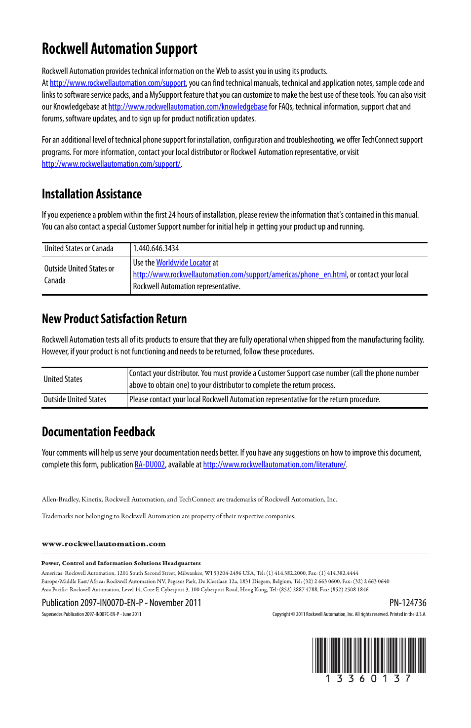 Rockwell automation support, Installation assistance, New product satisfaction return | Documentation feedback | Rockwell Automation 2097-MEM Memory Module Installation Instructions User Manual | Page 2 / 2