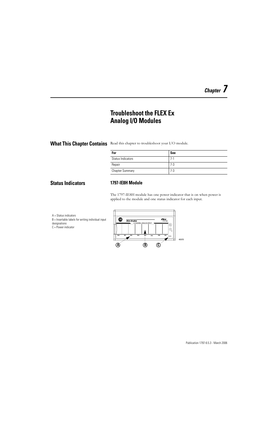 Chapter 7, Troubleshoot the flex ex analog i/o modules, What this chapter contains | Status indicators, What this chapter contains -1 status indicators -1, 1797-ie8h module -1, Chapter | Rockwell Automation 1797-OE8H FLEX Ex HART Analog Modules User Manual User Manual | Page 109 / 196