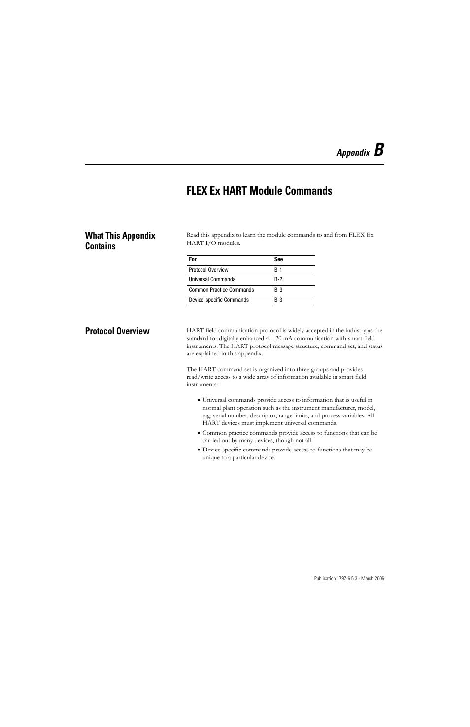 Appendix b, Flex ex hart module commands, What this appendix contains | Protocol overview, Appendix | Rockwell Automation 1797-OE8H FLEX Ex HART Analog Modules User Manual User Manual | Page 125 / 196