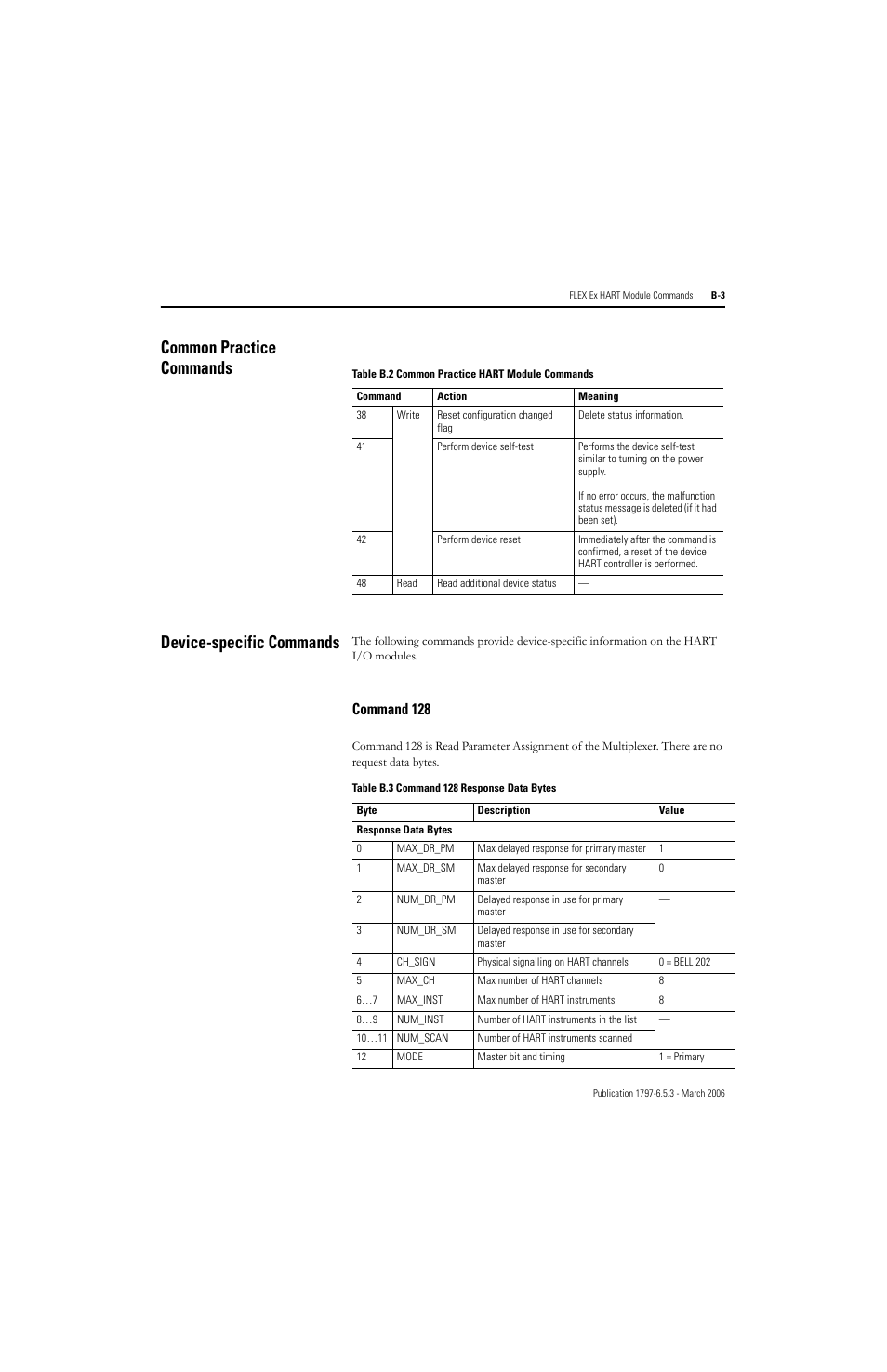 Common practice commands, Device-specific commands, Added device-specific commands | B-3 to, Common practice commands device-specific commands, Command 128 | Rockwell Automation 1797-OE8H FLEX Ex HART Analog Modules User Manual User Manual | Page 127 / 196