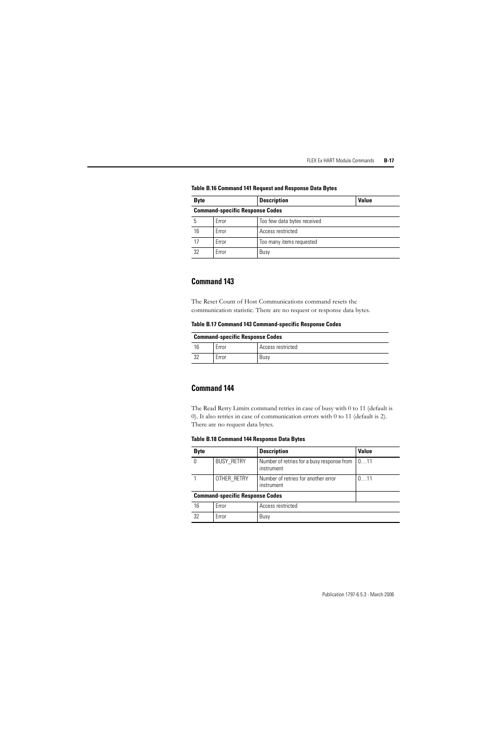 Command 143, Command 144 | Rockwell Automation 1797-OE8H FLEX Ex HART Analog Modules User Manual User Manual | Page 141 / 196