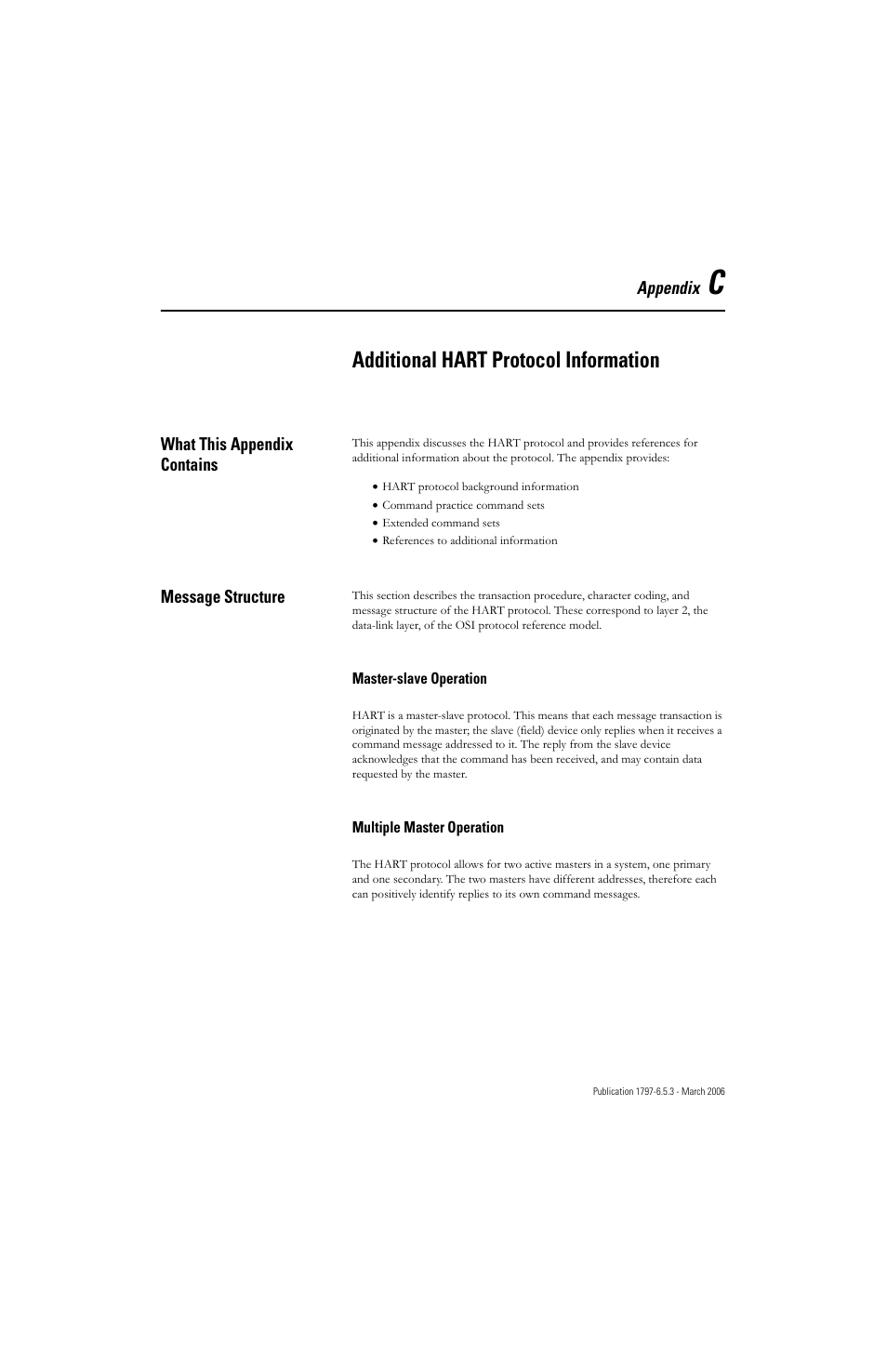 Appendix c, Additional hart protocol information, What this appendix contains | Message structure | Rockwell Automation 1797-OE8H FLEX Ex HART Analog Modules User Manual User Manual | Page 149 / 196