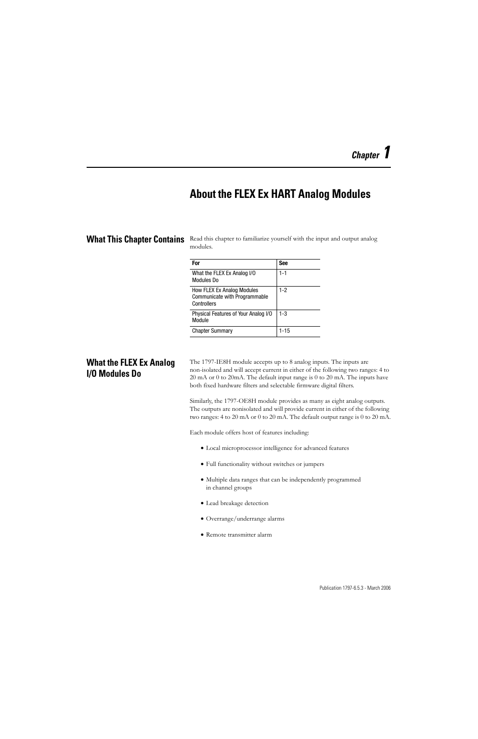 Chapter 1, About the flex ex hart analog modules, What this chapter contains | What the flex ex analog i/o modules do, Chapter | Rockwell Automation 1797-OE8H FLEX Ex HART Analog Modules User Manual User Manual | Page 15 / 196
