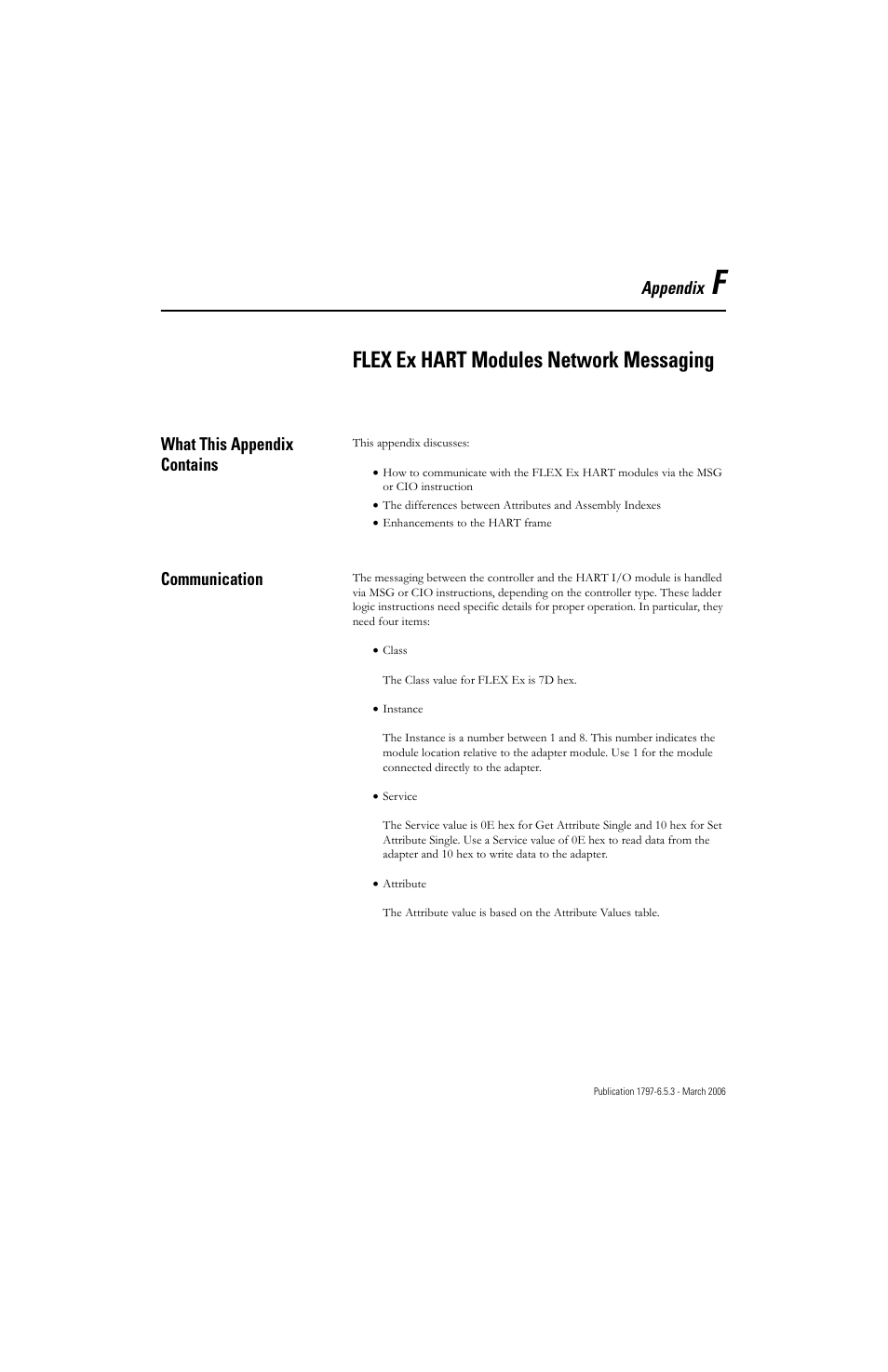 Appendix f, Flex ex hart modules network messaging, What this appendix contains | Communication, Appendix | Rockwell Automation 1797-OE8H FLEX Ex HART Analog Modules User Manual User Manual | Page 185 / 196