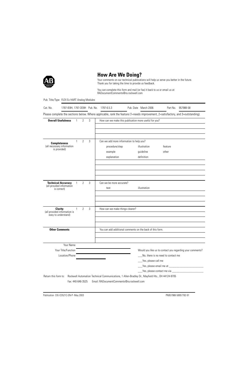 How are we doing | Rockwell Automation 1797-OE8H FLEX Ex HART Analog Modules User Manual User Manual | Page 193 / 196