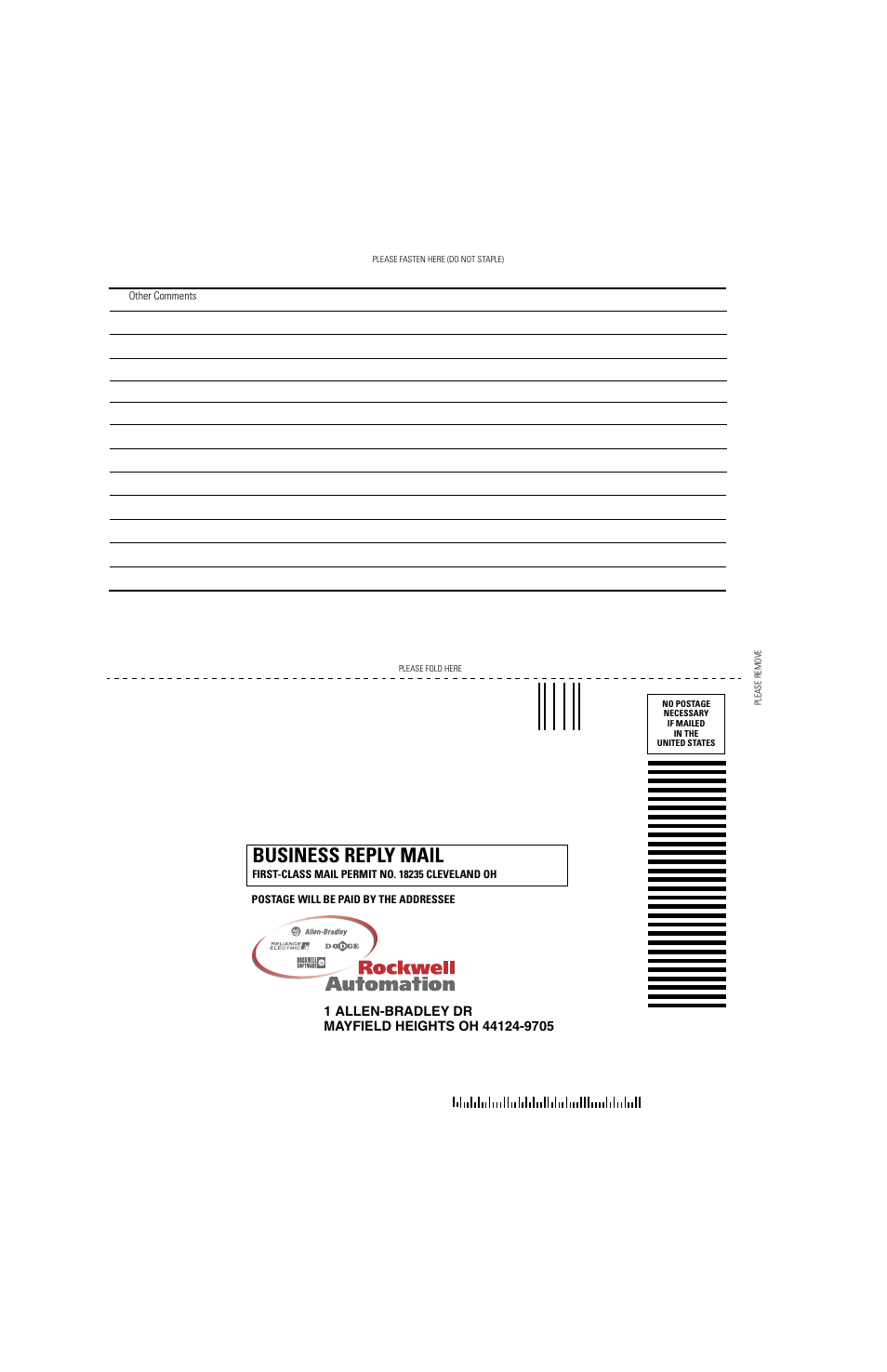 Business reply mail | Rockwell Automation 1797-OE8H FLEX Ex HART Analog Modules User Manual User Manual | Page 194 / 196