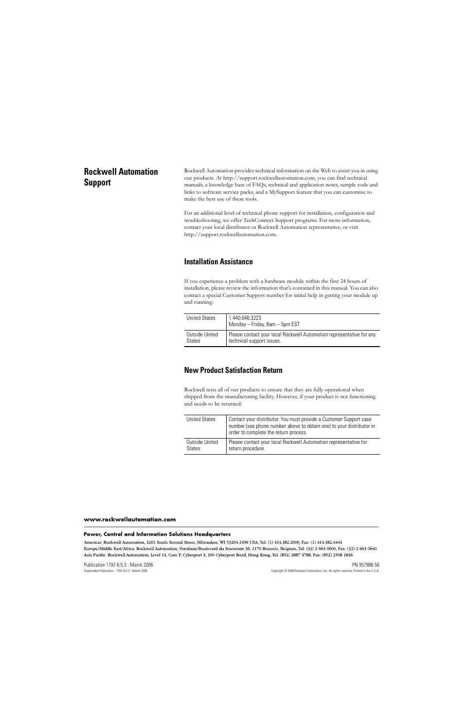 Rockwell automation support -4, Rockwell automation support, Installation assistance | New product satisfaction return | Rockwell Automation 1797-OE8H FLEX Ex HART Analog Modules User Manual User Manual | Page 196 / 196