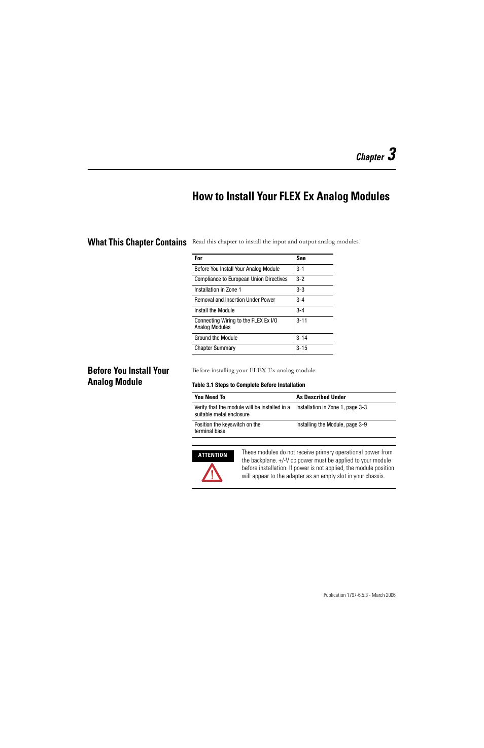 Chapter 3, How to install your flex ex analog modules, What this chapter contains | Before you install your analog module, Chapter | Rockwell Automation 1797-OE8H FLEX Ex HART Analog Modules User Manual User Manual | Page 53 / 196