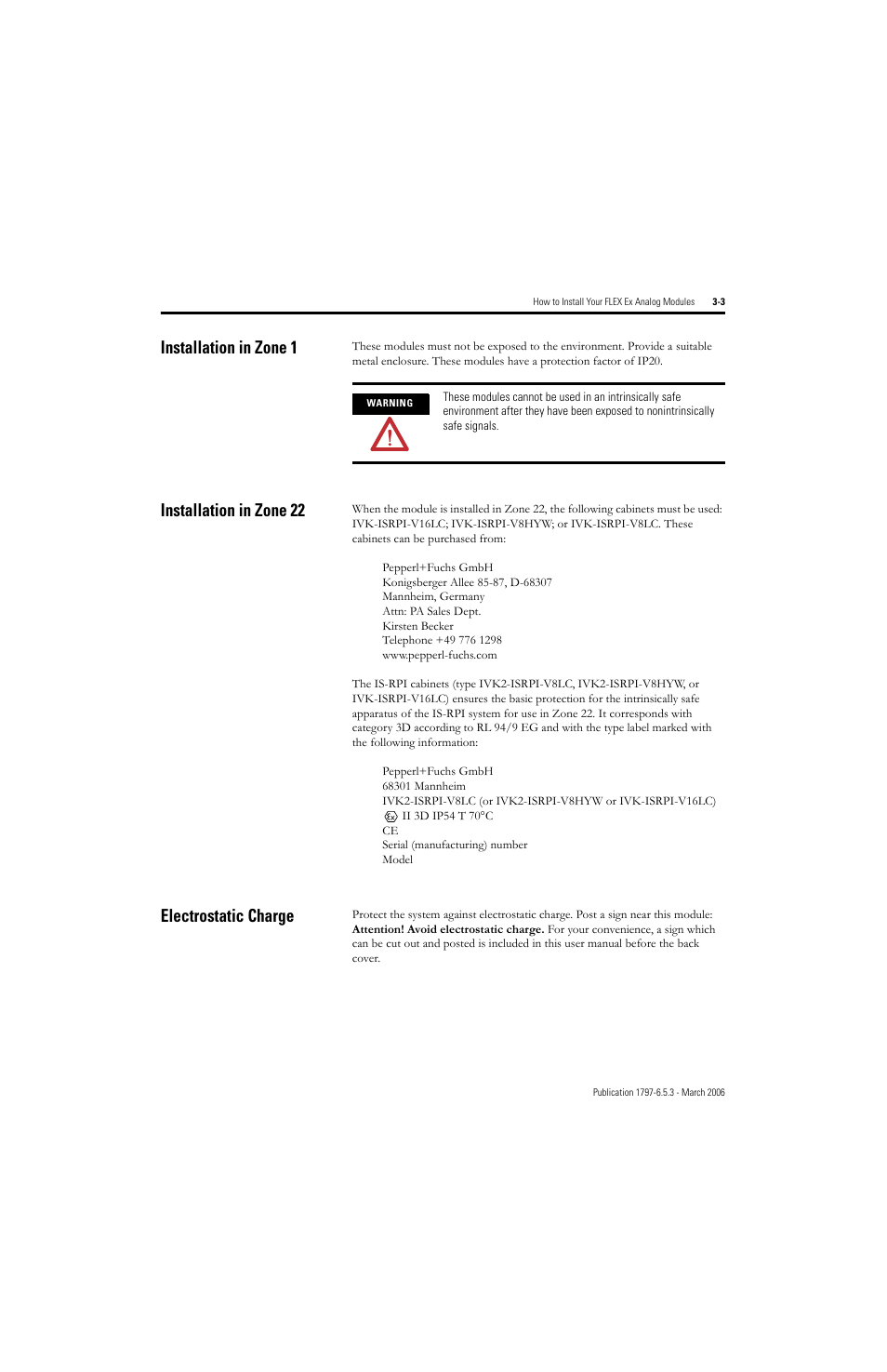 Installation in zone 1, Installation in zone 22, Electrostatic charge | Rockwell Automation 1797-OE8H FLEX Ex HART Analog Modules User Manual User Manual | Page 55 / 196