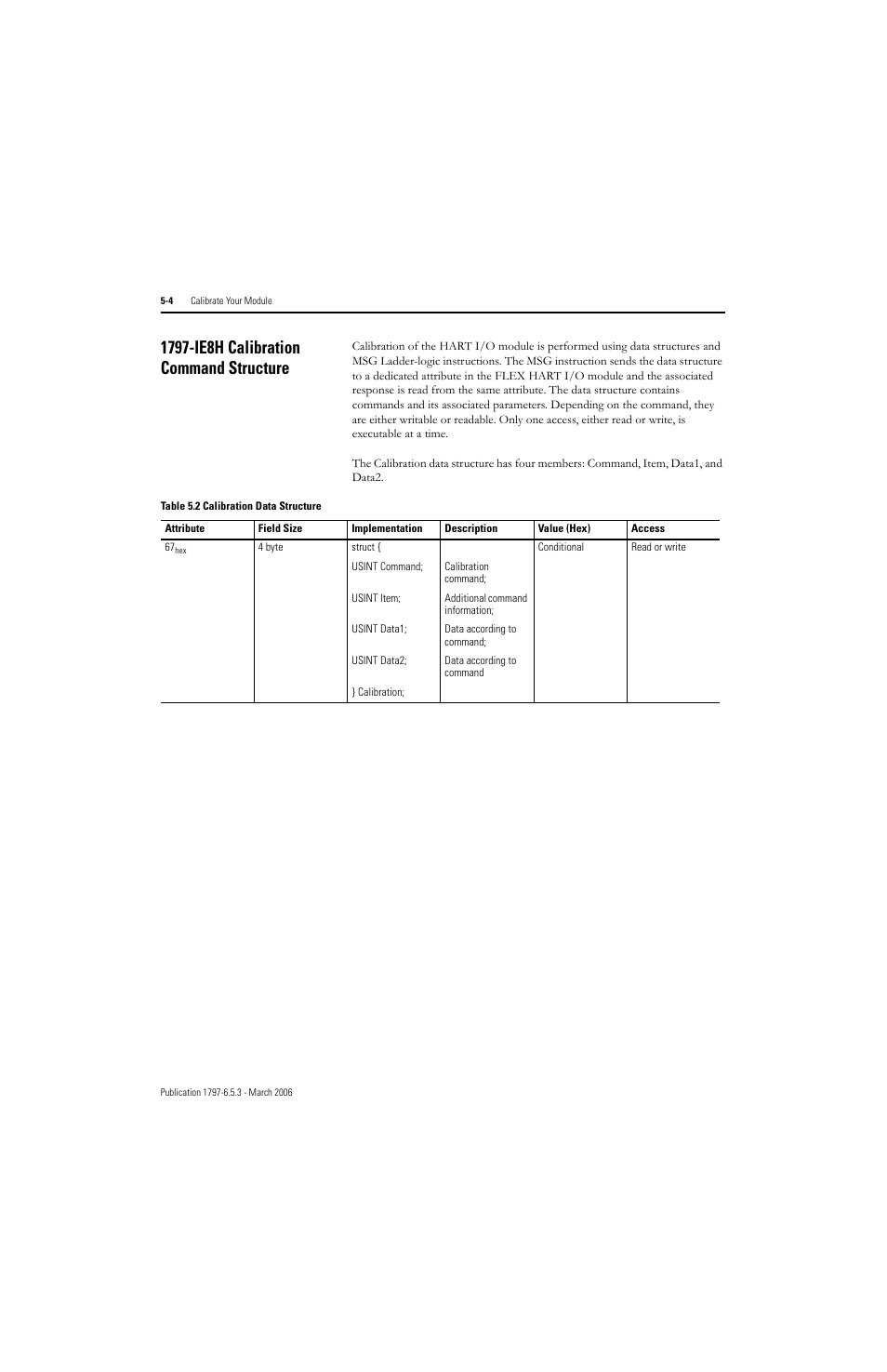 1797-ie8h calibration command structure, 1797-ie8h calibration command structure -4, 1797-ie8h calibration command structure 5-4 | Rockwell Automation 1797-OE8H FLEX Ex HART Analog Modules User Manual User Manual | Page 80 / 196