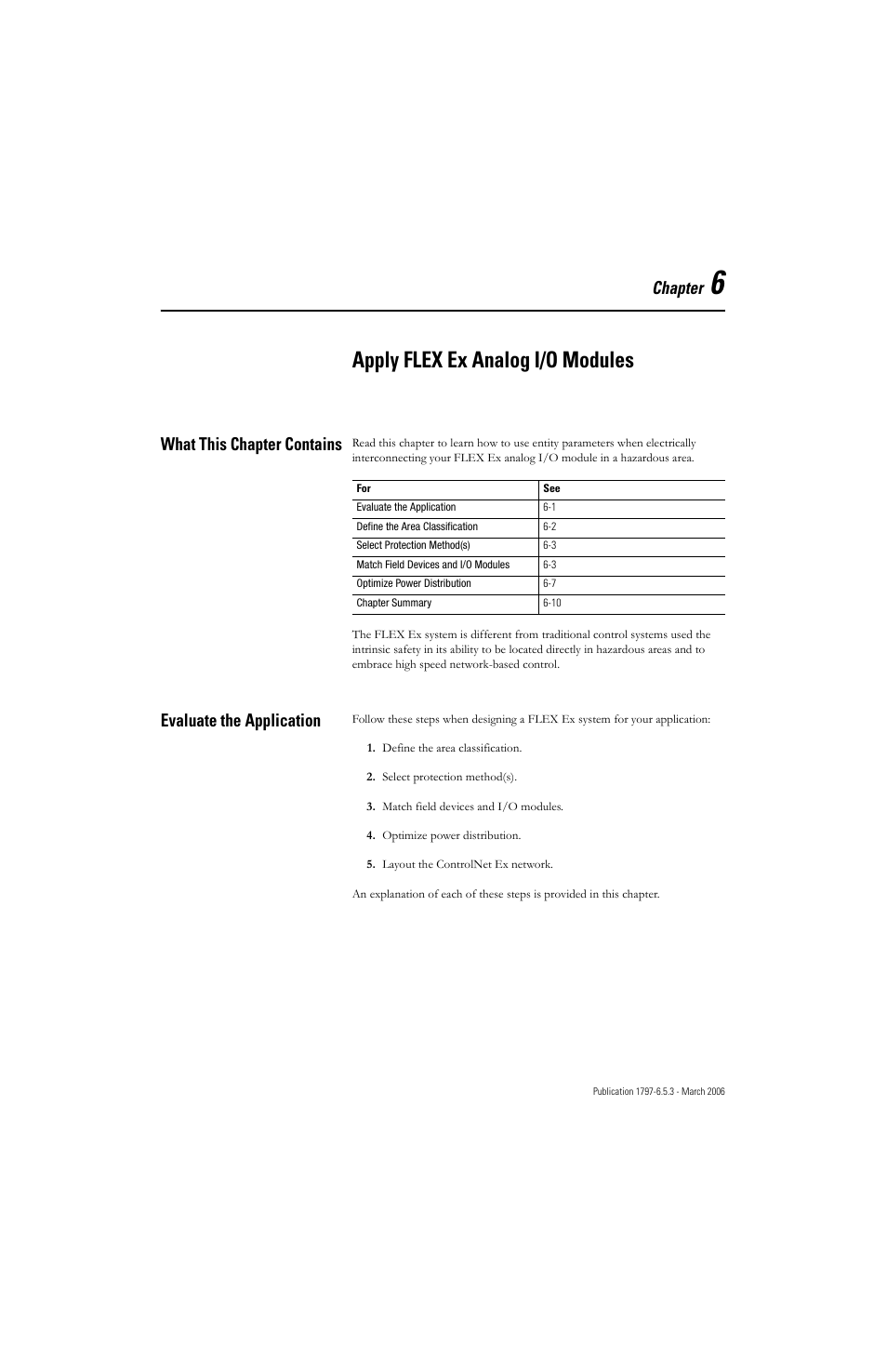 Chapter 6, Apply flex ex analog i/o modules, What this chapter contains | Evaluate the application, Chapter | Rockwell Automation 1797-OE8H FLEX Ex HART Analog Modules User Manual User Manual | Page 99 / 196