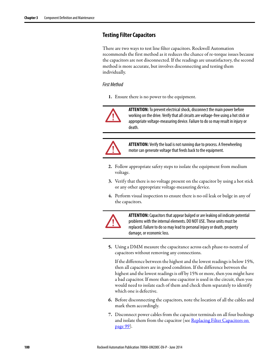 Testing filter capacitors | Rockwell Automation 7000A PowerFlex Medium Voltage AC Drive (A Frame) - ForGe Control User Manual | Page 100 / 208