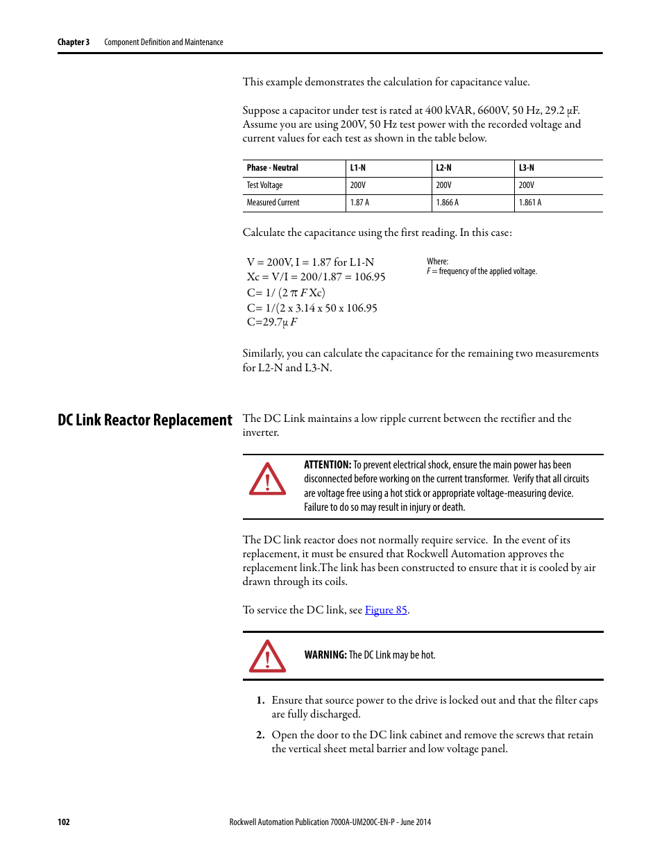 Dc link reactor replacement | Rockwell Automation 7000A PowerFlex Medium Voltage AC Drive (A Frame) - ForGe Control User Manual | Page 102 / 208