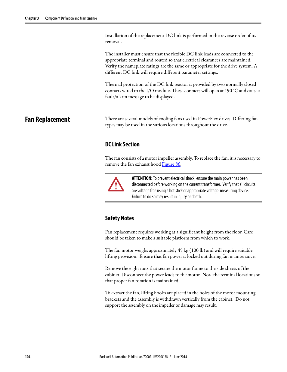 Fan replacement, Dc link section, Safety notes | Rockwell Automation 7000A PowerFlex Medium Voltage AC Drive (A Frame) - ForGe Control User Manual | Page 104 / 208