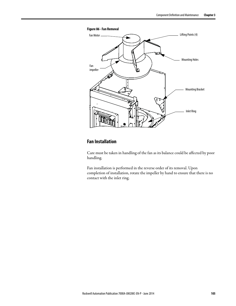 Fan installation | Rockwell Automation 7000A PowerFlex Medium Voltage AC Drive (A Frame) - ForGe Control User Manual | Page 105 / 208