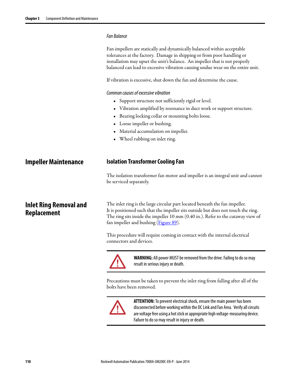 Impeller maintenance, Isolation transformer cooling fan, Inlet ring removal and replacement | Rockwell Automation 7000A PowerFlex Medium Voltage AC Drive (A Frame) - ForGe Control User Manual | Page 110 / 208