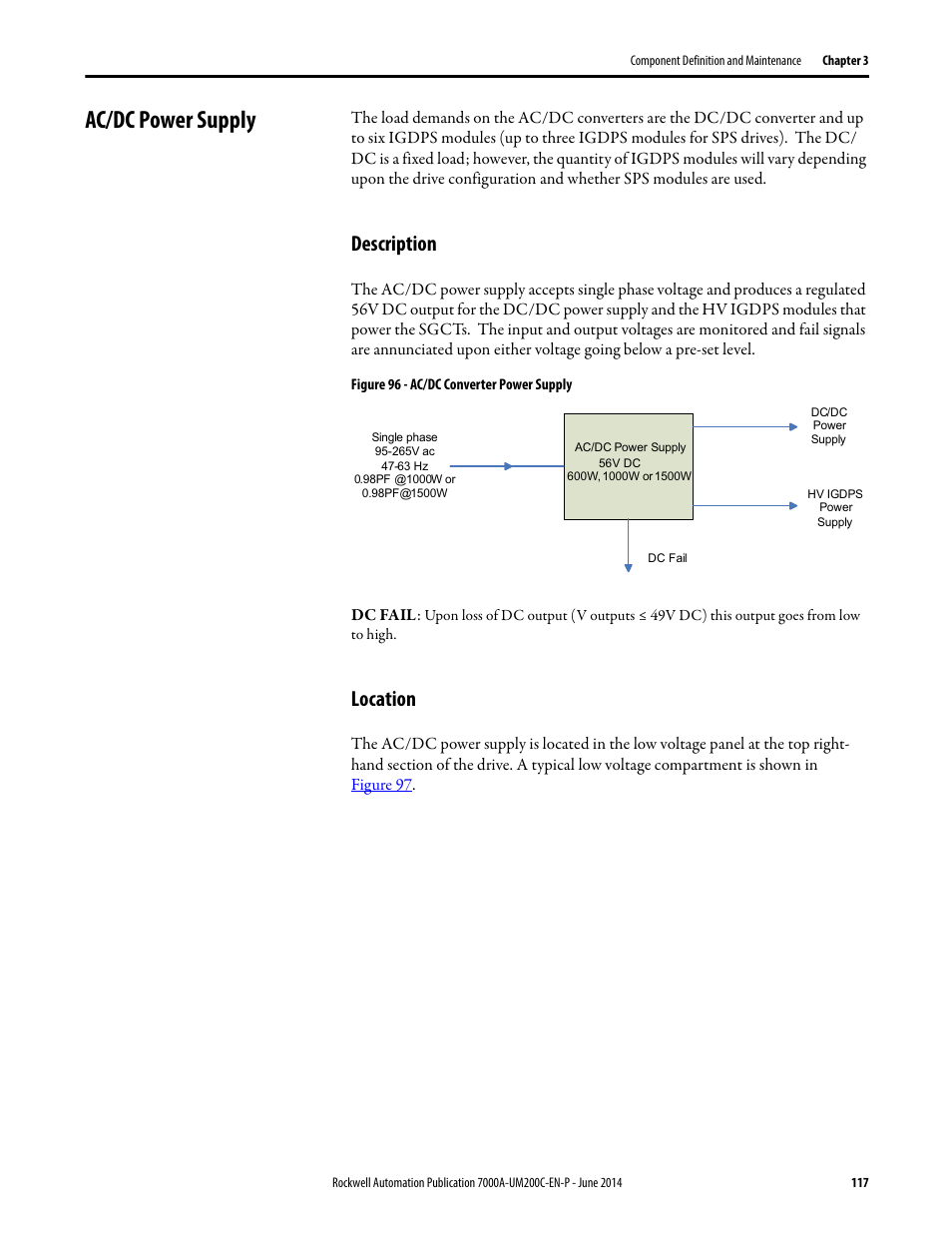 Ac/dc power supply, Description, Location | Rockwell Automation 7000A PowerFlex Medium Voltage AC Drive (A Frame) - ForGe Control User Manual | Page 117 / 208