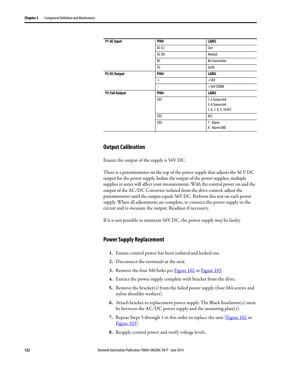 Output calibration, Power supply replacement | Rockwell Automation 7000A PowerFlex Medium Voltage AC Drive (A Frame) - ForGe Control User Manual | Page 122 / 208