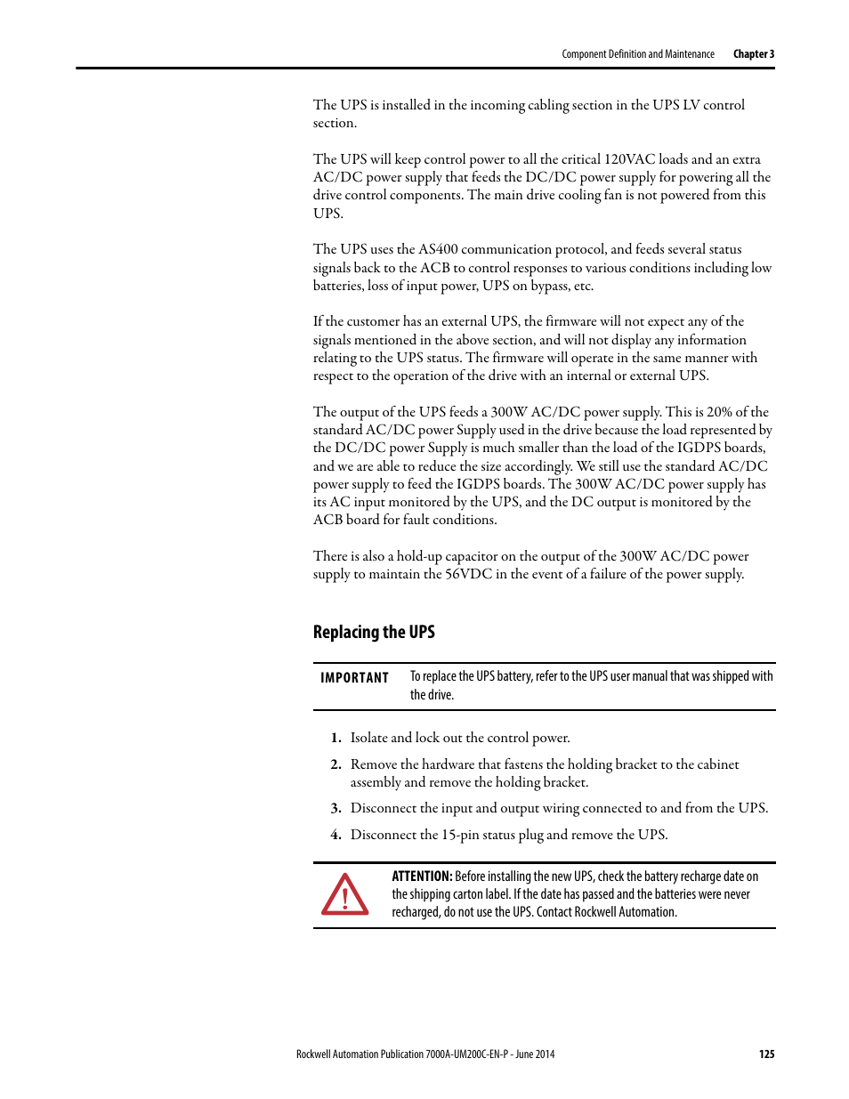 Replacing the ups | Rockwell Automation 7000A PowerFlex Medium Voltage AC Drive (A Frame) - ForGe Control User Manual | Page 125 / 208