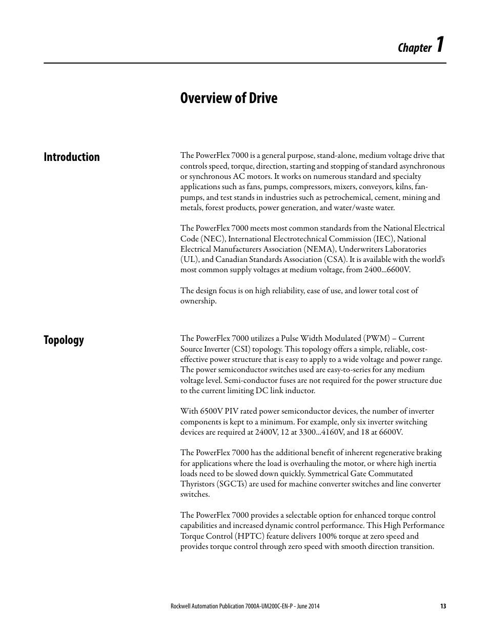 1 - overview of drive, Introduction, Topology | Overview of drive | Rockwell Automation 7000A PowerFlex Medium Voltage AC Drive (A Frame) - ForGe Control User Manual | Page 13 / 208