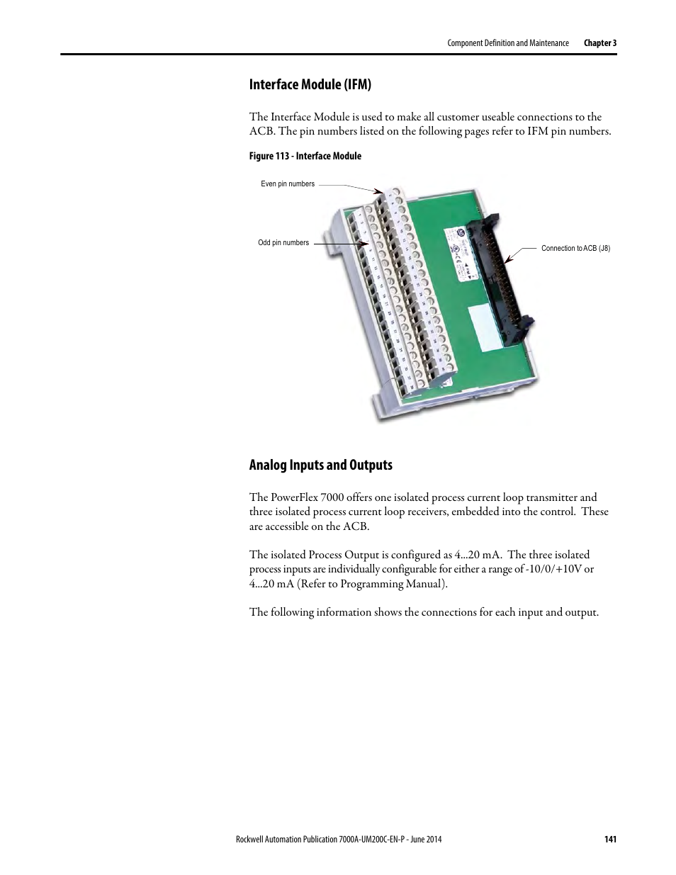 Interface module (ifm), Analog inputs and outputs | Rockwell Automation 7000A PowerFlex Medium Voltage AC Drive (A Frame) - ForGe Control User Manual | Page 141 / 208