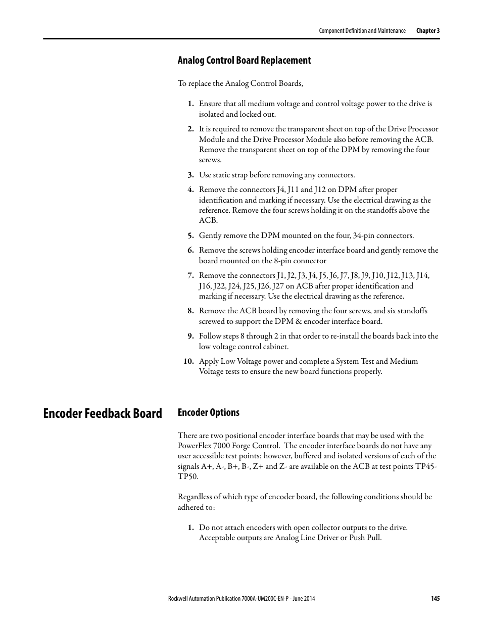 Analog control board replacement, Encoder feedback board, Encoder options | Rockwell Automation 7000A PowerFlex Medium Voltage AC Drive (A Frame) - ForGe Control User Manual | Page 145 / 208