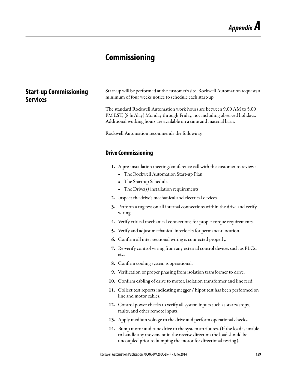 A - commissioning, Start-up commissioning services, Drive commissioning | Commissioning, Appendix | Rockwell Automation 7000A PowerFlex Medium Voltage AC Drive (A Frame) - ForGe Control User Manual | Page 159 / 208