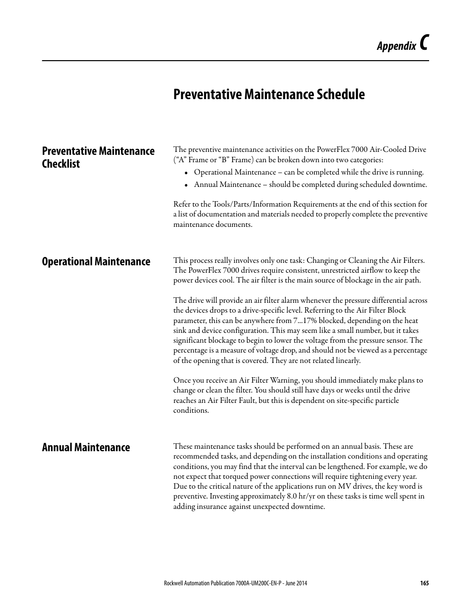 C - preventative maintenance schedule, Preventative maintenance checklist, Operational maintenance | Annual maintenance, Preventative maintenance schedule | Rockwell Automation 7000A PowerFlex Medium Voltage AC Drive (A Frame) - ForGe Control User Manual | Page 165 / 208
