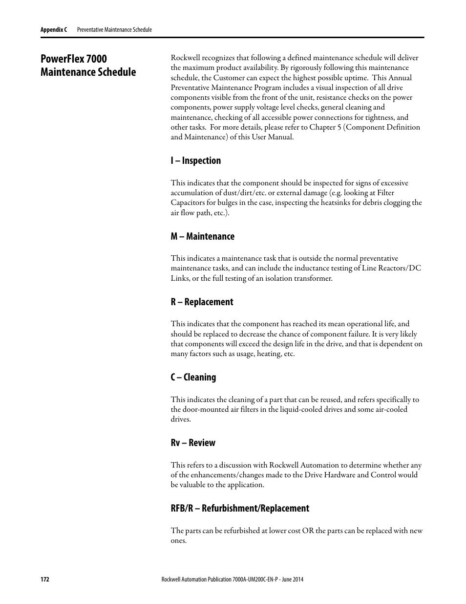 Powerflex 7000 maintenance schedule, I – inspection, M – maintenance | R – replacement, C – cleaning, Rv – review, Rfb/r – refurbishment/replacement | Rockwell Automation 7000A PowerFlex Medium Voltage AC Drive (A Frame) - ForGe Control User Manual | Page 172 / 208