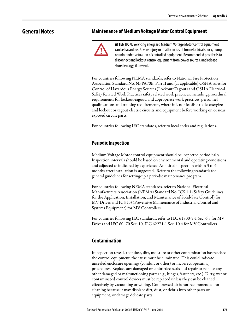 General notes, Periodic inspection, Contamination | Rockwell Automation 7000A PowerFlex Medium Voltage AC Drive (A Frame) - ForGe Control User Manual | Page 175 / 208