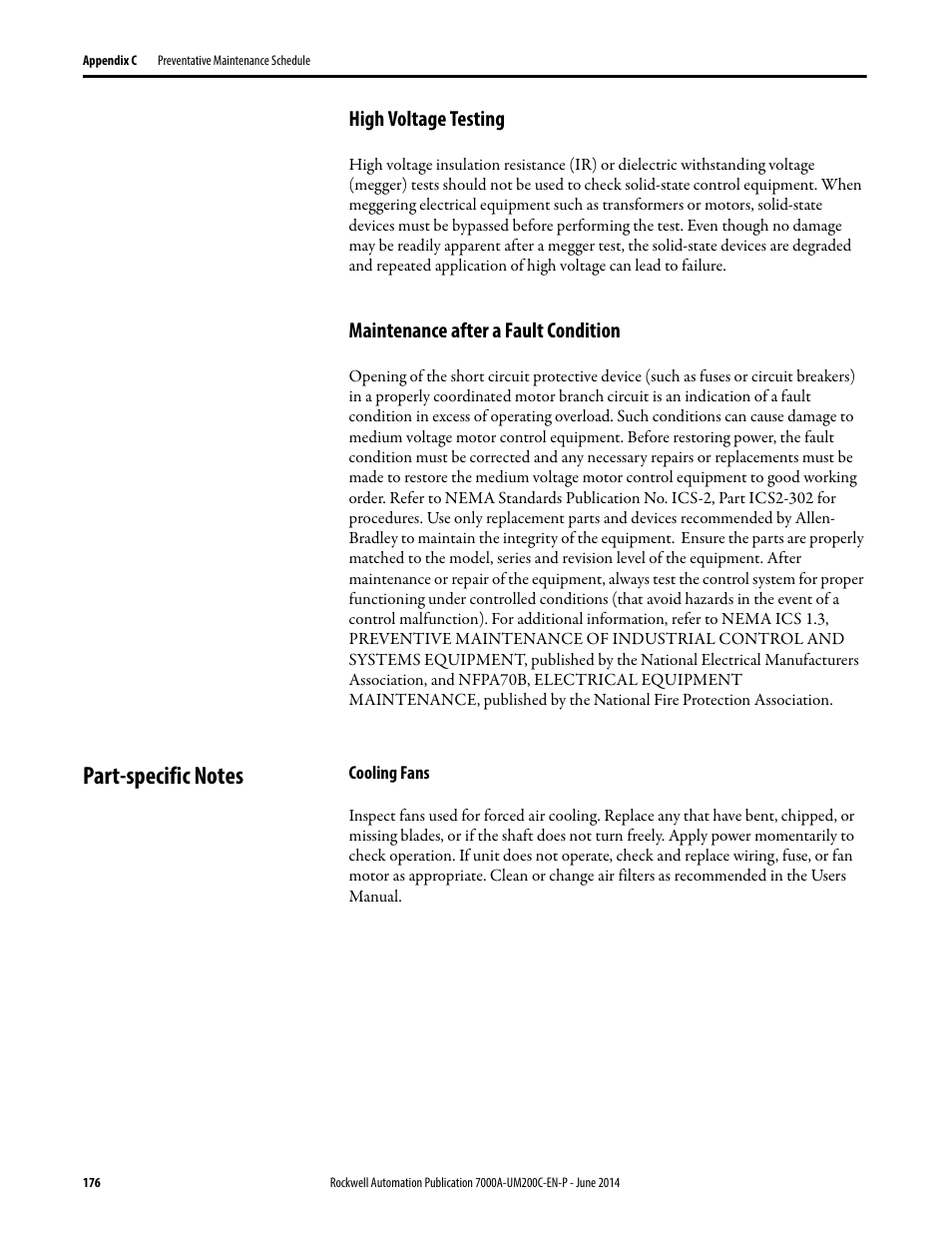 High voltage testing, Maintenance after a fault condition, Part-specific notes | Cooling fans | Rockwell Automation 7000A PowerFlex Medium Voltage AC Drive (A Frame) - ForGe Control User Manual | Page 176 / 208