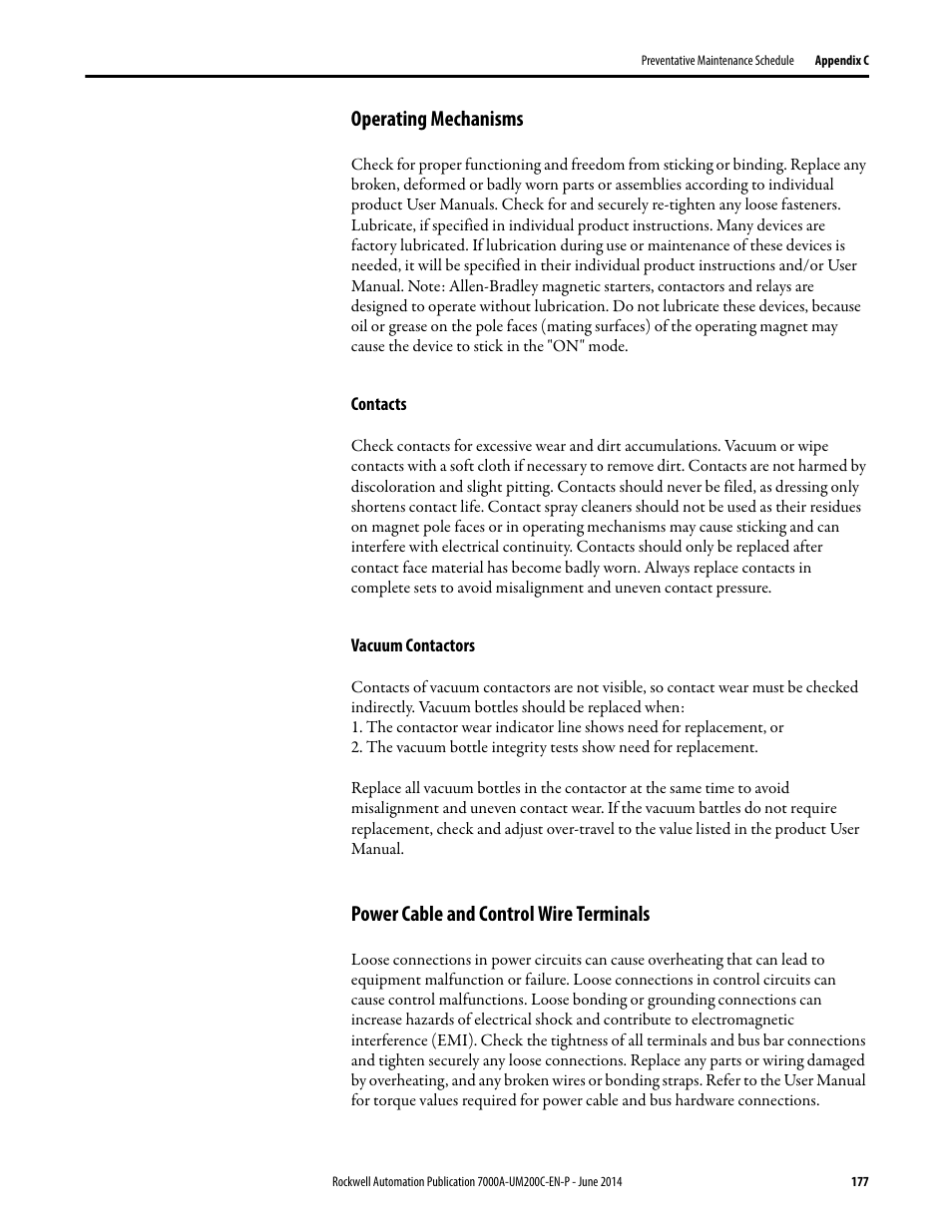 Operating mechanisms, Contacts, Vacuum contactors | Power cable and control wire terminals | Rockwell Automation 7000A PowerFlex Medium Voltage AC Drive (A Frame) - ForGe Control User Manual | Page 177 / 208