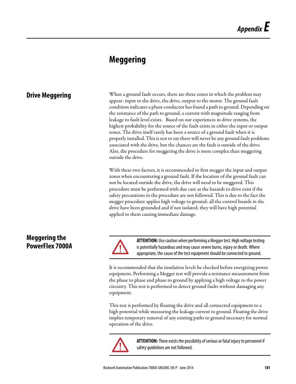 E - meggering, Drive meggering, Meggering the powerflex 7000a | Meggering | Rockwell Automation 7000A PowerFlex Medium Voltage AC Drive (A Frame) - ForGe Control User Manual | Page 181 / 208