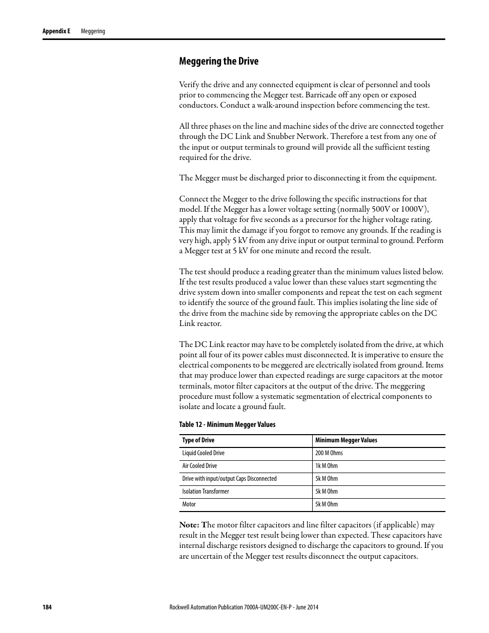 Meggering the drive | Rockwell Automation 7000A PowerFlex Medium Voltage AC Drive (A Frame) - ForGe Control User Manual | Page 184 / 208