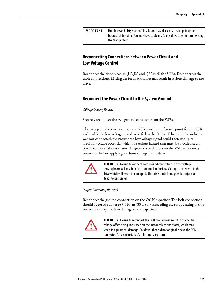 Reconnect the power circuit to the system ground | Rockwell Automation 7000A PowerFlex Medium Voltage AC Drive (A Frame) - ForGe Control User Manual | Page 185 / 208
